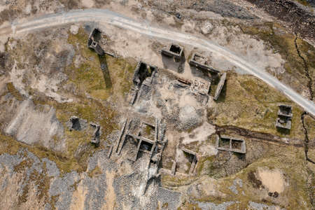 ruins of the old gang lead mine in the hills above reeth in the yorkshire dales top down aerial viewの写真素材