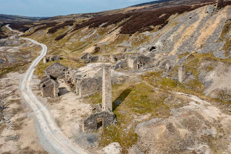 ruins of the old gang lead mine in the hills above reeth in the yorkshire dales elevated view