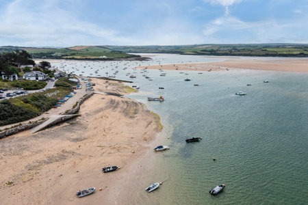 elevated view of the camel estuary and rock village cornwall with moored boats no peopleの写真素材