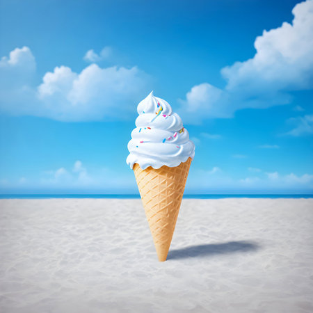 AI generated image of white ice cream cone and sprinkles against background of beach and blue skyの素材