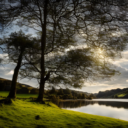 Generative AI landscape view with lake trees and fields in warm golden hour lightの素材