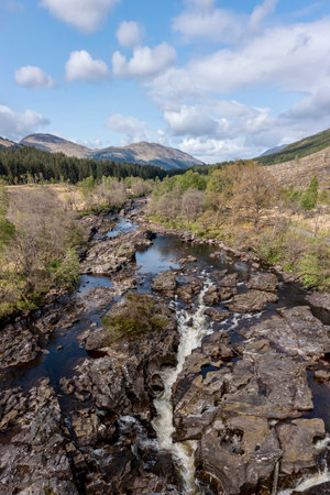 waterfalls on the river orchy in scotland elevated view summer dayの写真素材