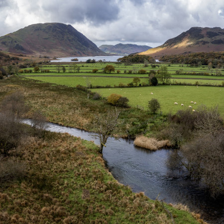 Crummock Water with Buttermere Dubs in the foreground Mellbreak and Rannerdale Knotts in the middle distance and Loweswater Fell in the backgroundの写真素材