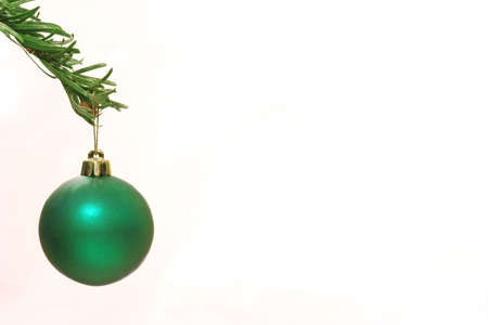 a single green bauble hanging from a tree with lots of copyspaceの写真素材