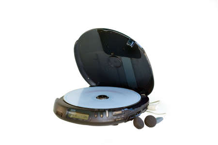 a personal cd player playing a cd, isolated on whiteの写真素材