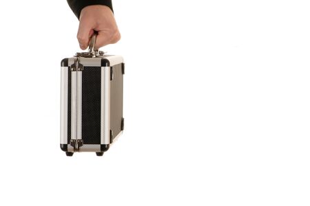 male hand holds a metal caseの写真素材