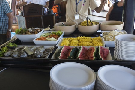 Dining with dishes for antique ship, Thailandの写真素材