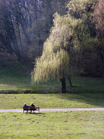Couple seat on the nice spring sunの写真素材