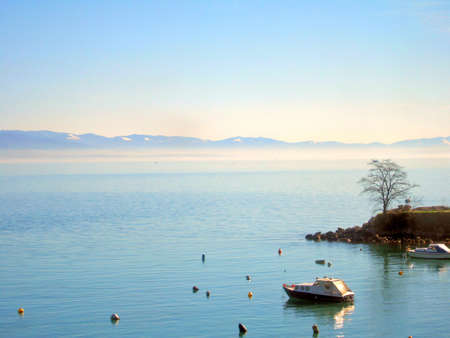 Motor boat in small port in the morningの写真素材