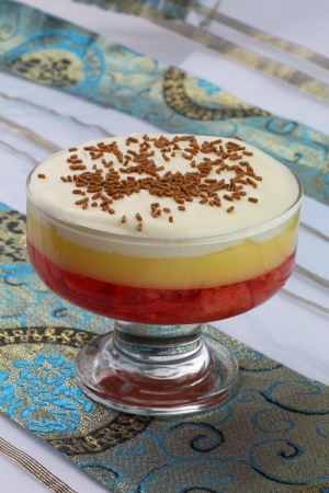 English strawberry trifle in sundae glassの写真素材