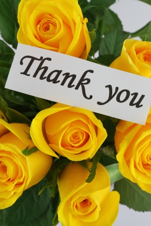 Thank you note and yellow rosesの写真素材