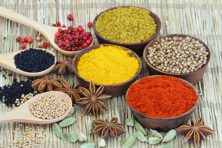 Selection of Indian spices on bamboo matの写真素材
