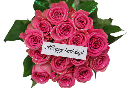 Happy birthday card with pink roses bouquet isolated on whiteの写真素材