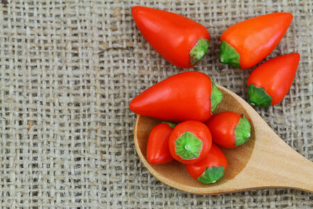 Hot red chili peppers on wooden spoon on jute surface with copy spaceの写真素材