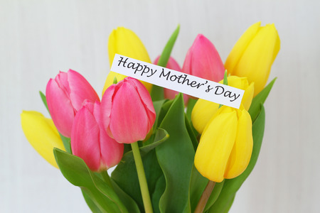 Happy Mother s Day card with colourful tulipsの写真素材