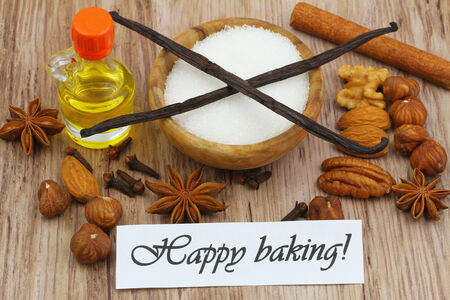 Happy baking card with selection of ingredientsの写真素材