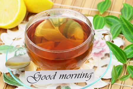 Good morning card with cup of teaの写真素材