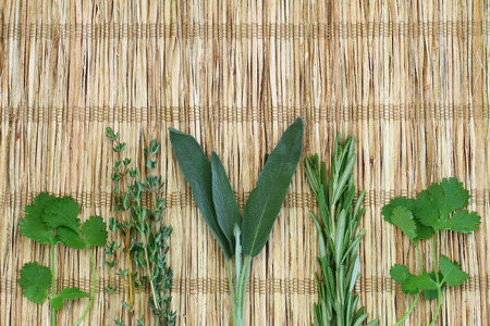 Fresh herbs on bamboo mat with copy spaceの写真素材