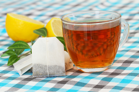 Tea, tea bags and lemonの写真素材