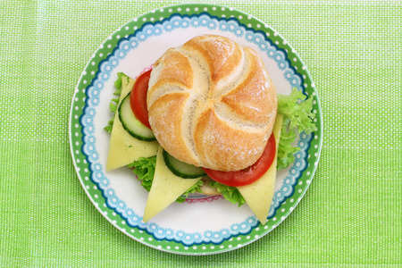 Cheese roll with lettuce, tomato and cucumber with copy space