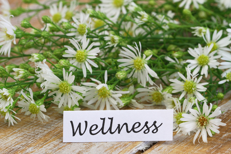 Wellness card with fresh chamomile flowers on rustic woodの写真素材
