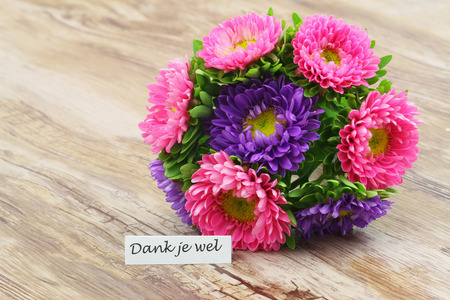 Thank you (which means thank you in Dutch) with colorful daisy bouquetの写真素材
