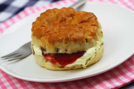 Home made English scone with traditional clotted cream and strawberry jam on white plate, closeupの写真素材