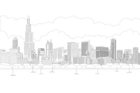 Chicago, building, skyscraper, skyline in sunny sunset reflected in water. Chicago city panorama with yachts. Line drawing, vectorのイラスト素材