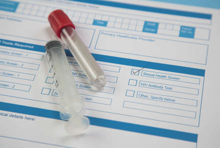 Pathology request form with tick for Health Screen.の写真素材