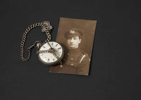 Photograph of a Great War veteran and antique pocket watchの写真素材