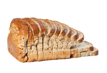 A sliced organic wholemeal granary loaf on white