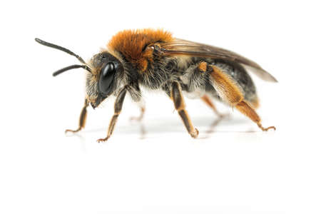 A female Andrena haemorrhoa mining bee on a white background.の写真素材