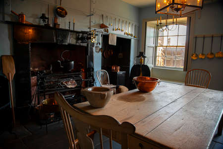 Bristol, UK 04/17/2010: The kitchen of a late 18th century British townhouse in Bristol, namely the Georgian House. This place belonged to the transatlantic trader John Pinney and is now a museum.のeditorial素材