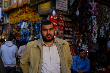 Damascus, Syria 03/28/2010: Selective focus portrait of a bearded Syrian shopkeeper in Al Hamidiyah...