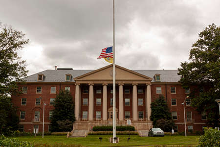 Bethesda, Maryland 09/12/2020: View of the main historical building (Building 1) of the National...