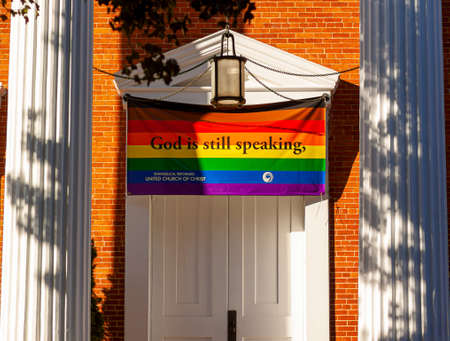 Frederick, MD, USA 10/13/2020: Close up image of the front door of the Evangelical Reformed United...