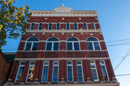 Frederick, MD, USA 10/13/2020:  A tall brick building in downtown Frederick, used as Masonic Temple and lodge by local freemasonry fraternity which dates back to pre revolutionary war.のeditorial素材