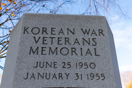 Frederick, MD, USA  11-23-2020: Korean War Veterans Memorial located at the Memorial park in Frederick. This granite stone is among many monuments in this historic parkのeditorial素材
