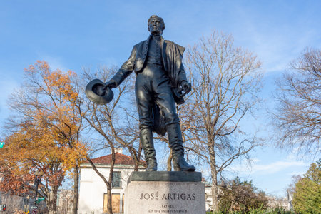 Washington DC, USA 11-29-2020: Bronze statue of General Jose Gervasio Artigas, liberator of Uruguay on Constitution Avenue. This monument is among the set of statutes of Liberators in the vicinity.のeditorial素材