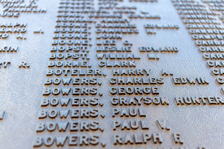 Frederick, Maryland, USA 11-23-2020: Long list of individuals from Frederick County who served in US army during World War I are shown on a monument with raised letters on metal plate in Memorial parkのeditorial素材