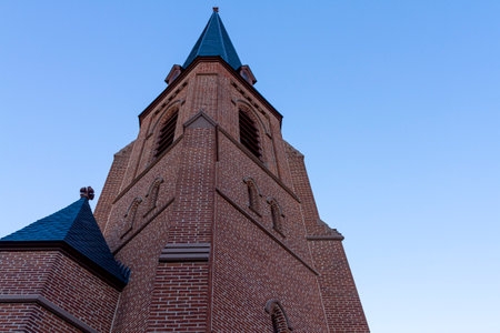 Bell tower of the 1742 built historic All Saints' Episcopal Church in Frederick Maryland, the tall...