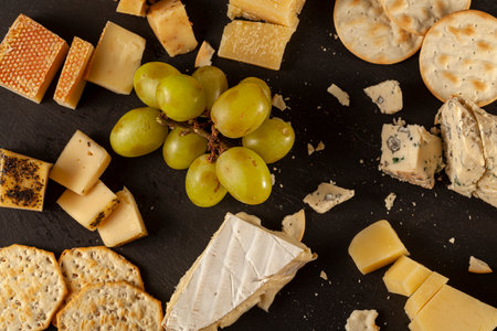 Flat lay image of aged artisan French, Italian and Swiss cheese assortment on black cheese board served with crackers and grapes. Crumbles are seen across the board giving an organic look.の写真素材