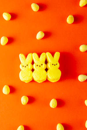 Flat lay view of Three little glazed marshmallow easter bunnies  in the middle with multiple crisp...
