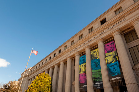 Washington D.C. USA 11-02-2020: Image showing the exterior of the Bureau of Engraving and Printing, a federal building under the Department of Treasury. Here prints US paper currencyのeditorial素材