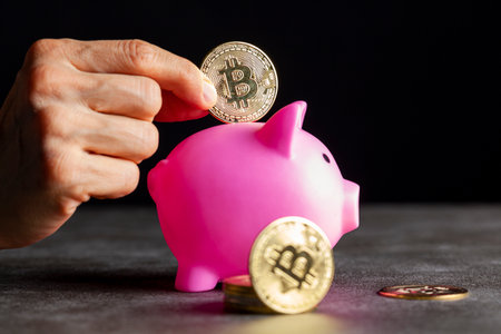 Concept image for using digital crypto currency for savings. A caucasian woman is putting a symbolic bitcoin (BTC) coin into a piggy bank as a saving modality. Isolated image against dark backgroundの写真素材