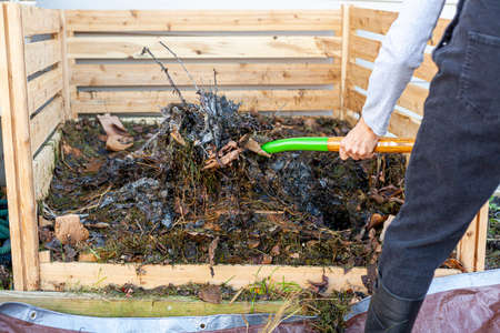 A gardener wearing plastic boots and overalls is turning a compost pile using a shovel or fork. the...