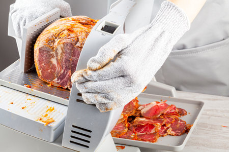 Close up isolated image showing a butcher or chef slicing a large frozen cured meat block. Turkish pastirma, pastrami, ham, beef concept. The person wears protective cut resistant glovesの写真素材