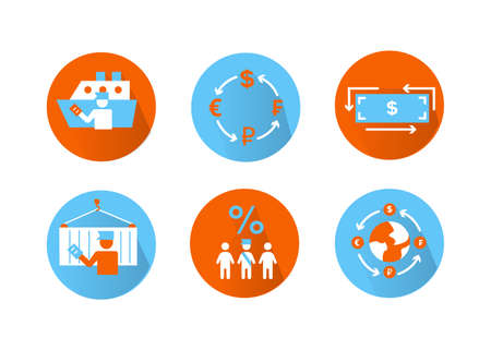 Finance icons. Financial services icons set. Icons customs broker, currency exchange. A silhouette of a man in the form of a customs broker with a document in hand near a cargo container on a hook.のイラスト素材