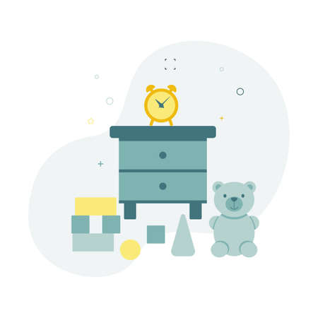 Illustration of baby stuff. Image chest of drawers, watches, cubes, teddy bear.のイラスト素材