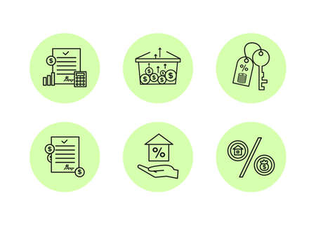 Finance icons. Financial services icons set. Mortgage, financial exchange icons. In the palm of your hand is a house with a percentage, a key with a keychain, on which coins and a percentage.のイラスト素材